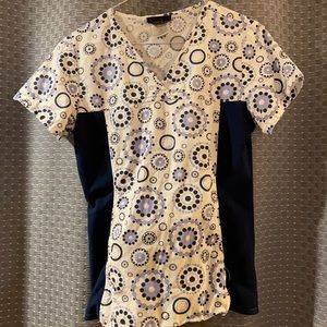 Blue and white scrub top